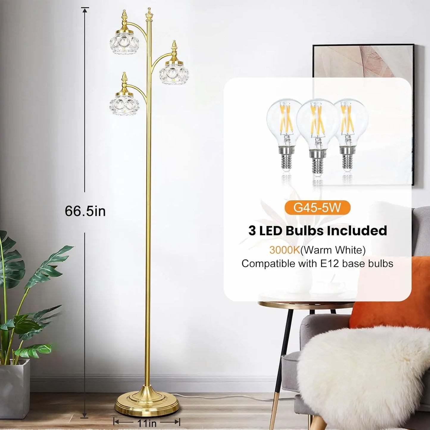 Gold Dimmable Tree Floor Lamp with a Sturdy Metal Base