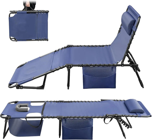 Adjustable Folding Chair with Detachable Pillow, One Pocket & Face Opening for Patio, Pool or Beach