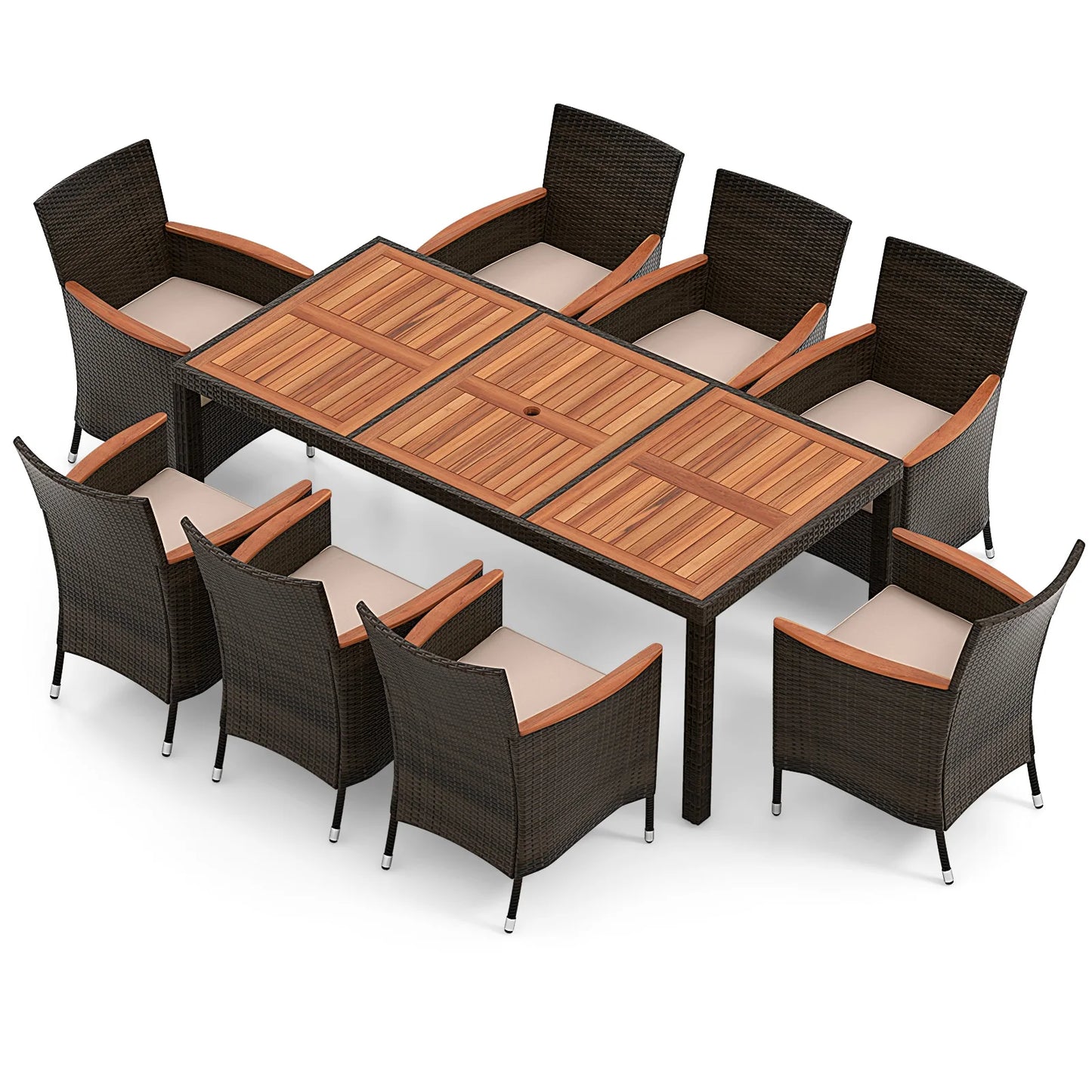 9-Piece Patio Wicker Dining Set Acacia Wood Table Top, Umbrella Hole and Cushioned Chairs