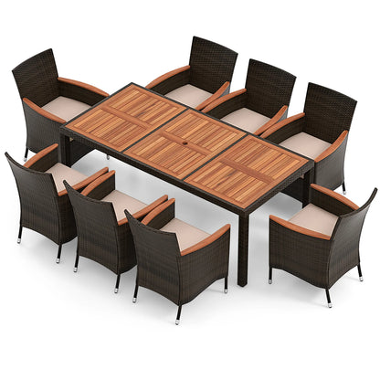 9-Piece Patio Wicker Dining Set Acacia Wood Table Top, Umbrella Hole and Cushioned Chairs
