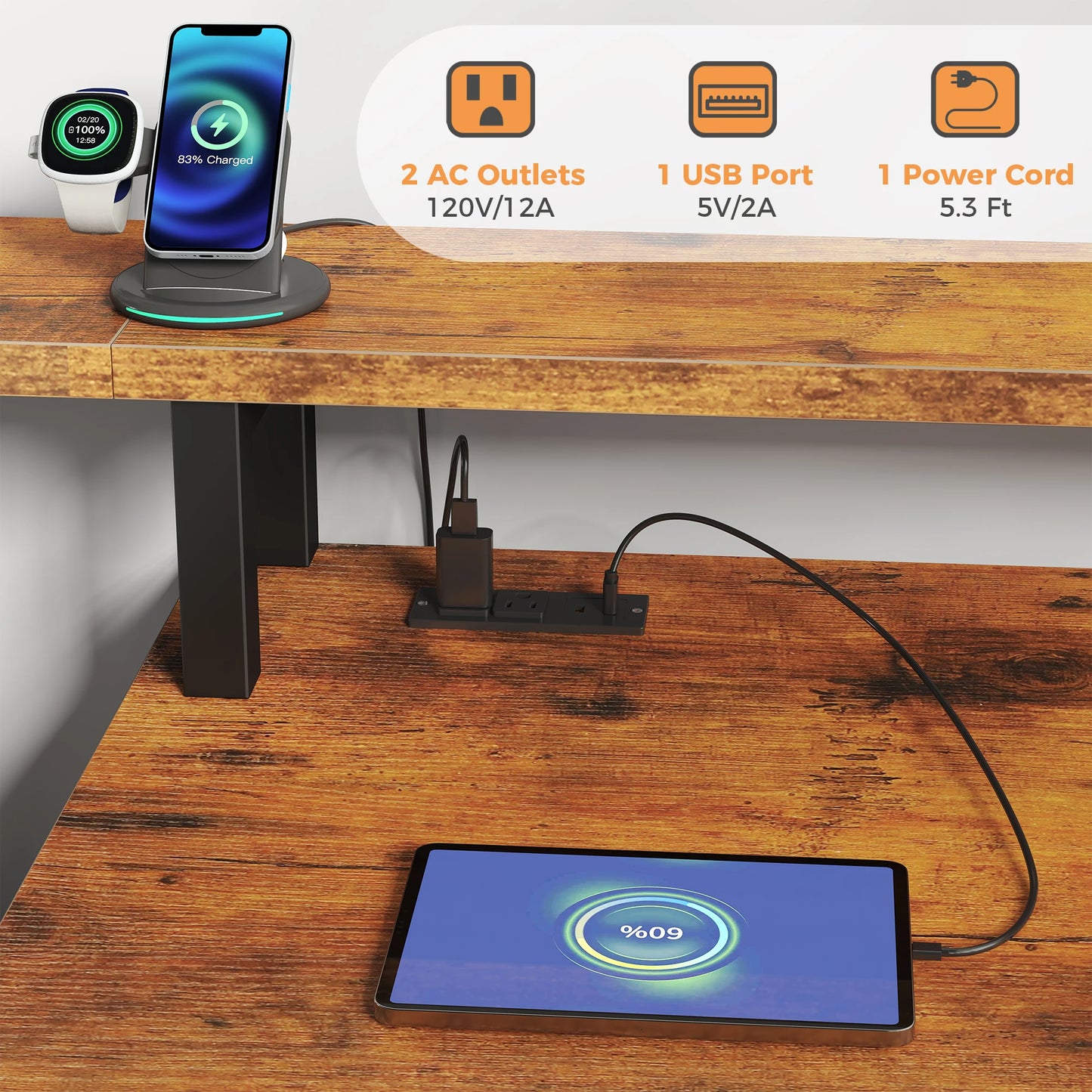 67In Office or Bedroom Desk with 5 Storage Drawers and LED Light Power Outlets