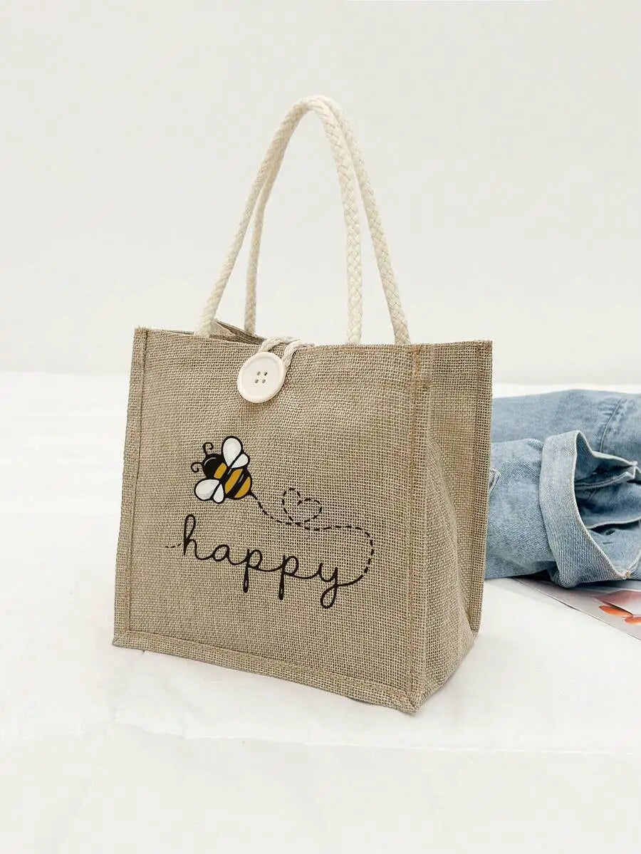 Large Capacity Linen Tote Bag with Bee & Script Design
