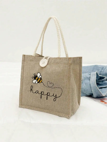 Large Capacity Linen Tote Bag with Bee & Script Design