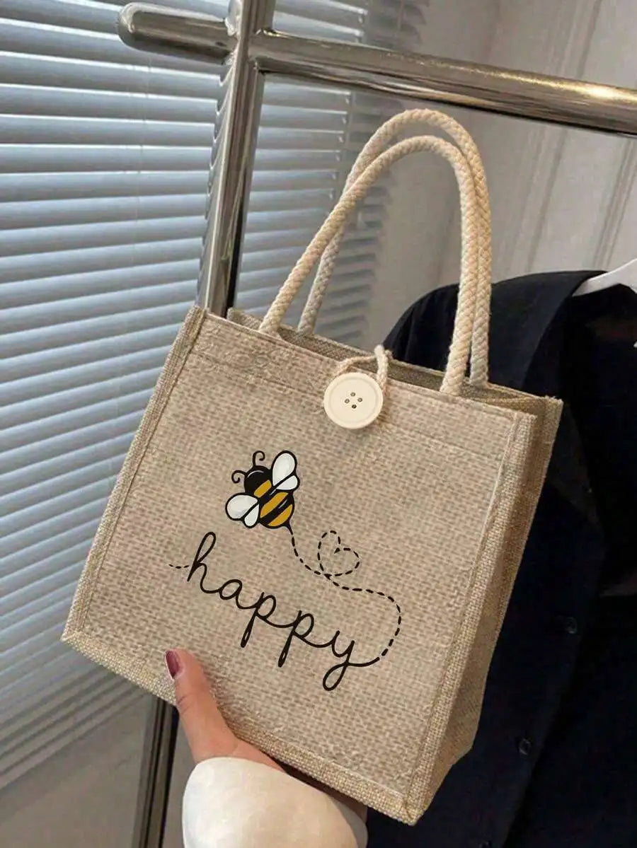 Large Capacity Linen Tote Bag with Bee & Script Design