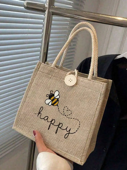 Large Capacity Linen Tote Bag with Bee & Script Design