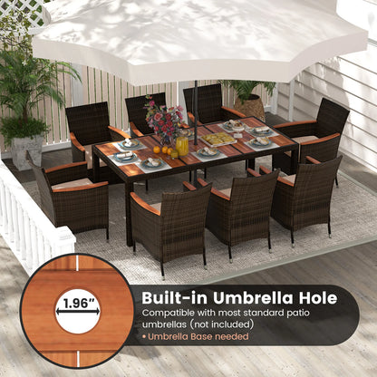 9-Piece Patio Wicker Dining Set Acacia Wood Table Top, Umbrella Hole and Cushioned Chairs