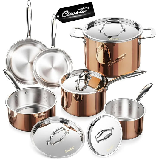 10-Piece Stainless Steel Copper Colored Outer Pots and Pans Set with Stainless Steel Lid