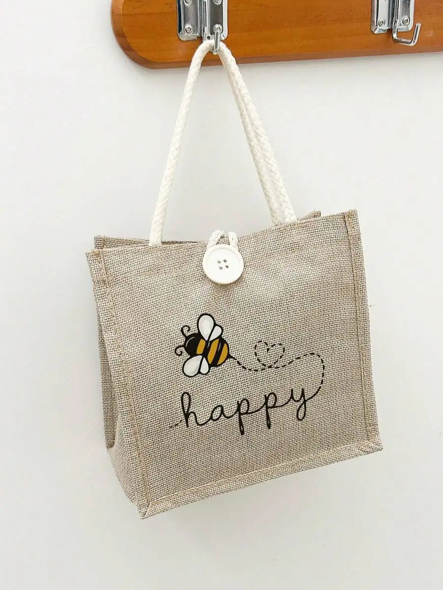 Large Capacity Linen Tote Bag with Bee & Script Design