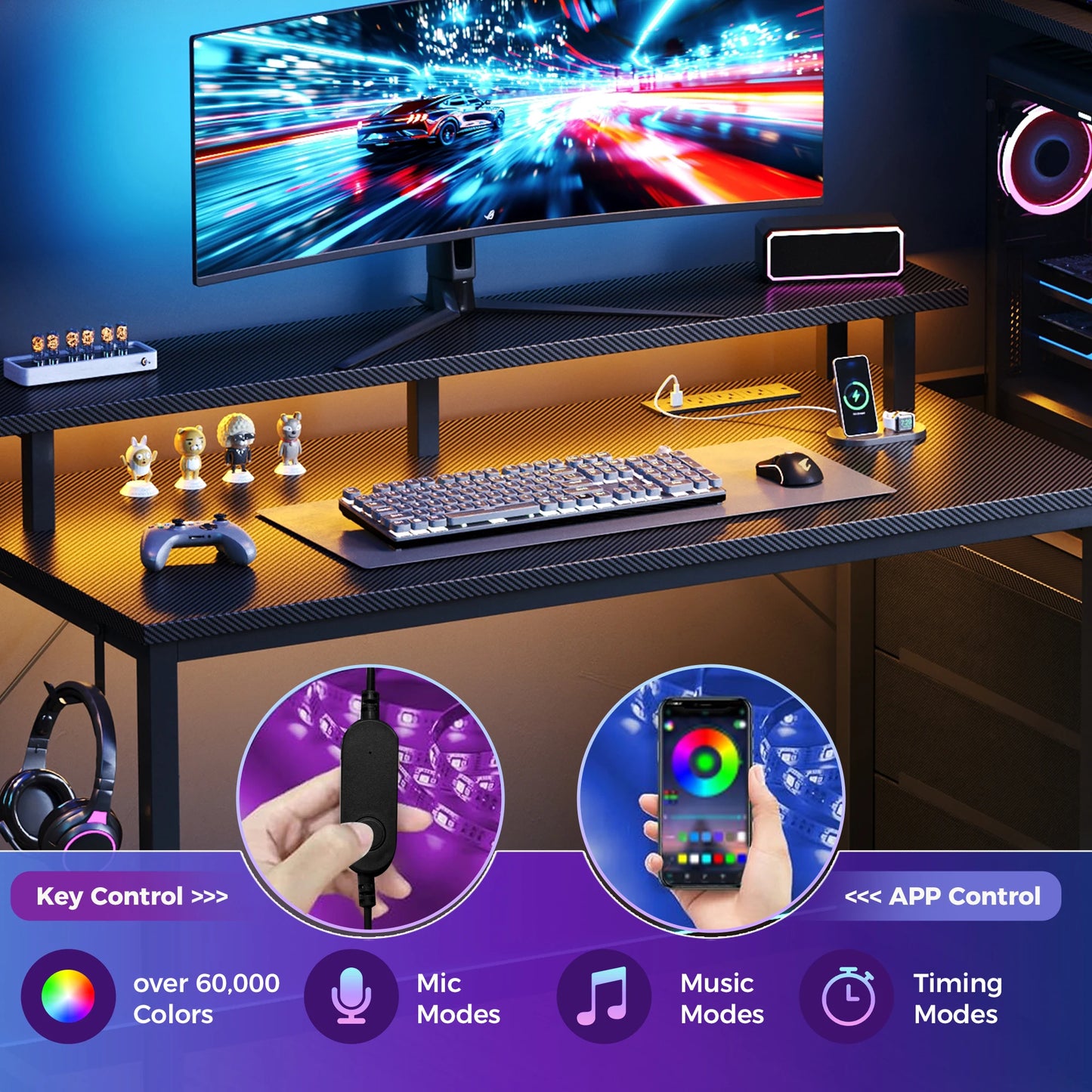 Gaming/Computer Desk with 3 Drawers LED Lights & Power Outlets