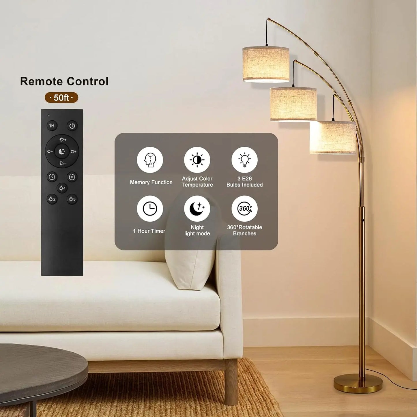 Super Bright Arc Floor Lamp Remote Control Stepless Dimmable 80 Inch Mid Century Tree Floor Lamp For Living Room Bedroom Office