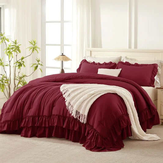 Soft Lightweight Burgundy Ruffle Comforter King Set