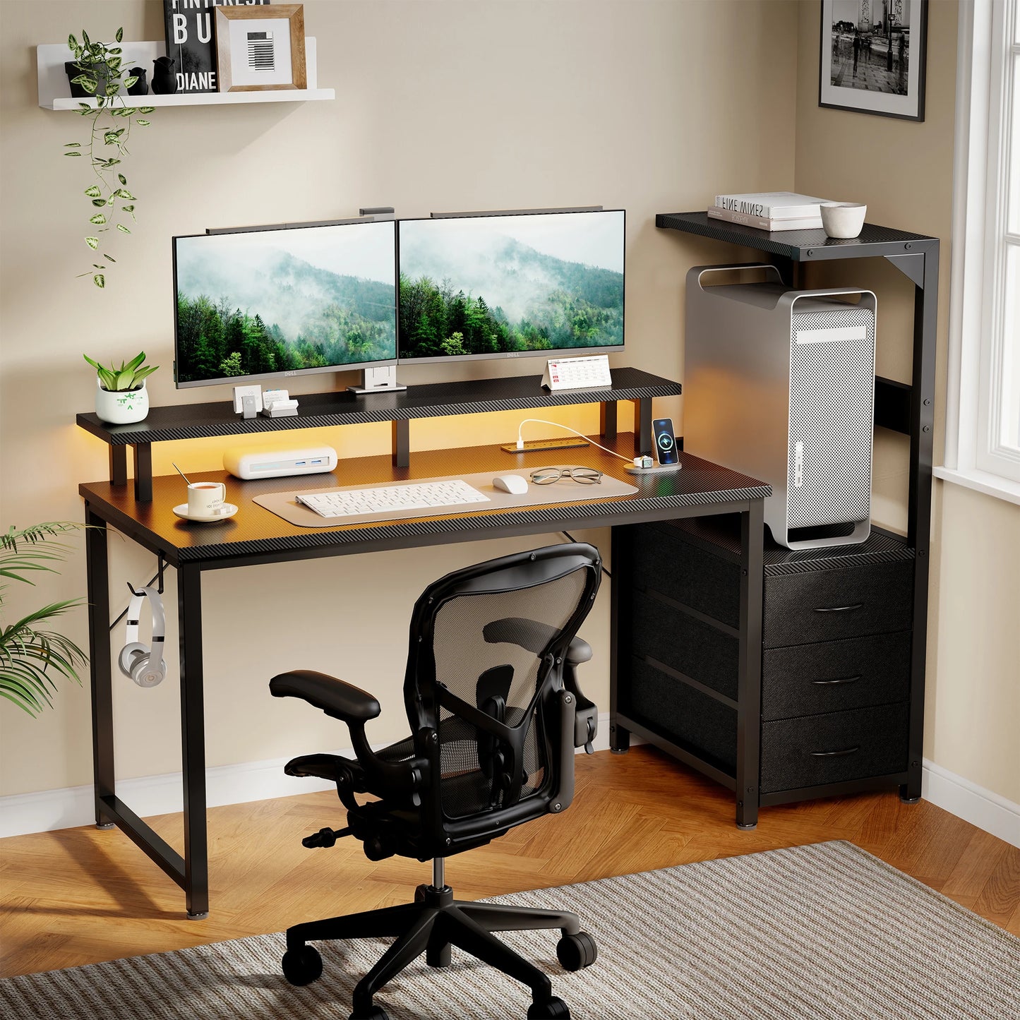 Gaming/Computer Desk with 3 Drawers LED Lights & Power Outlets