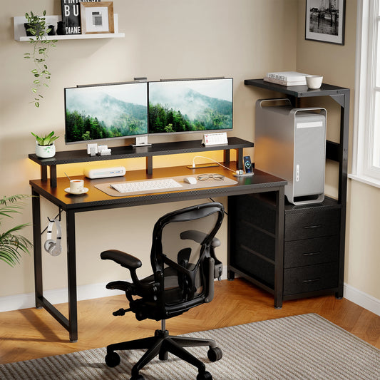 Gaming/Computer Desk with 3 Drawers LED Lights & Power Outlets