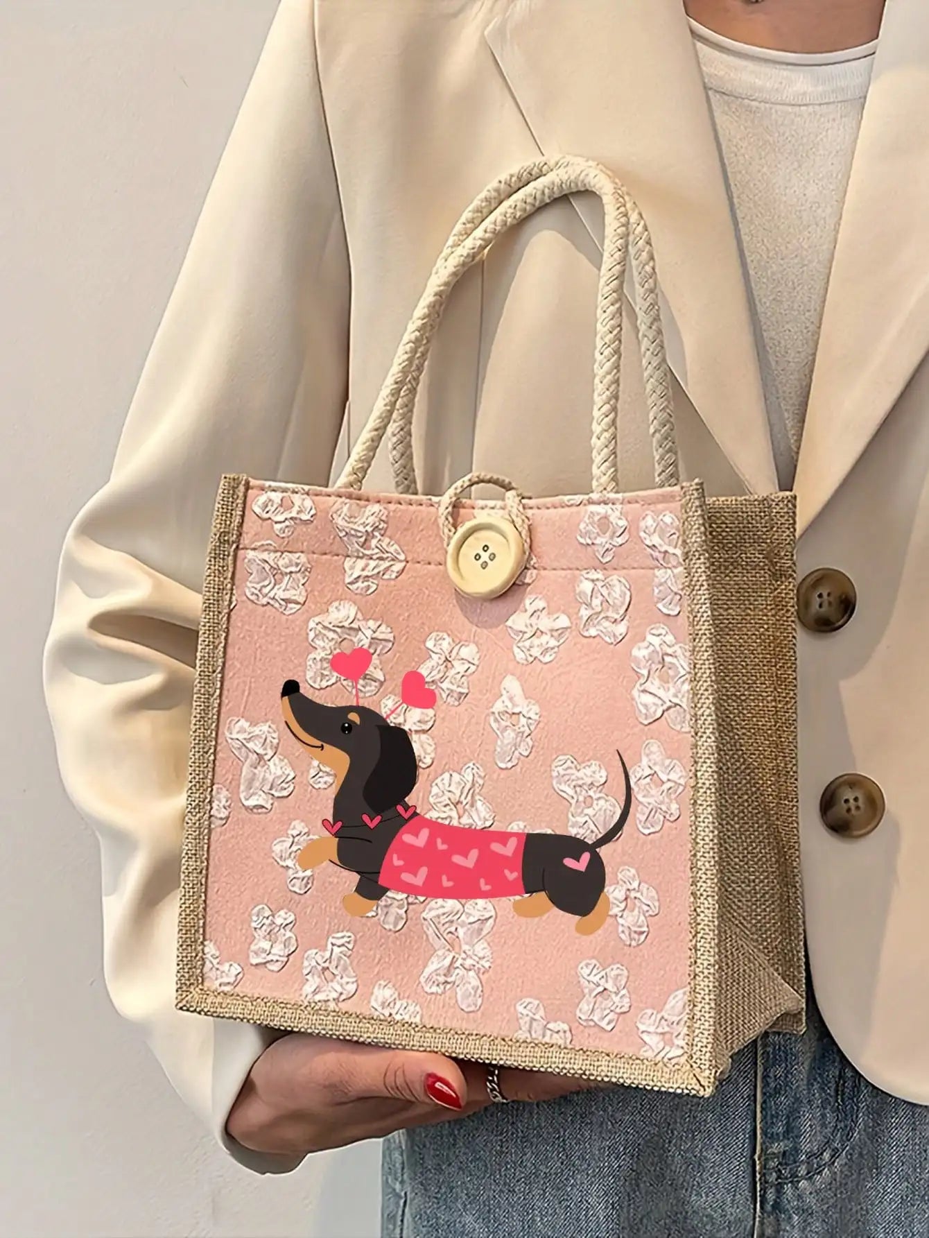 Large Capacity Linen Tote Bag with Bee & Script Design