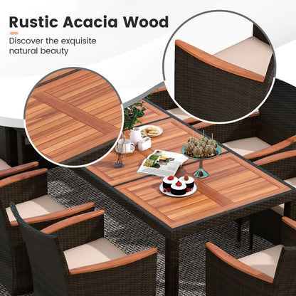 9-Piece Patio Wicker Dining Set Acacia Wood Table Top, Umbrella Hole and Cushioned Chairs