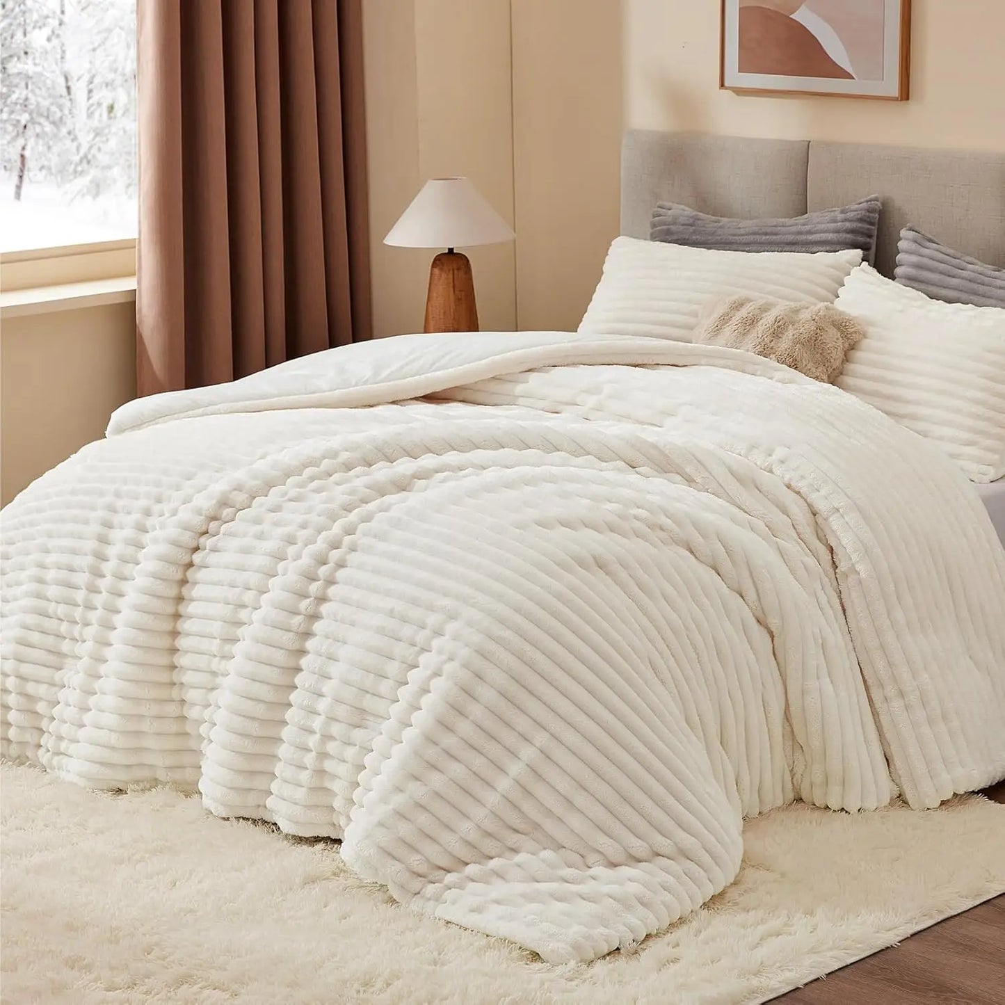Super Soft & Warm Cream Color Fluffy Fleece Comforter Bedding Set with Pillow Cases