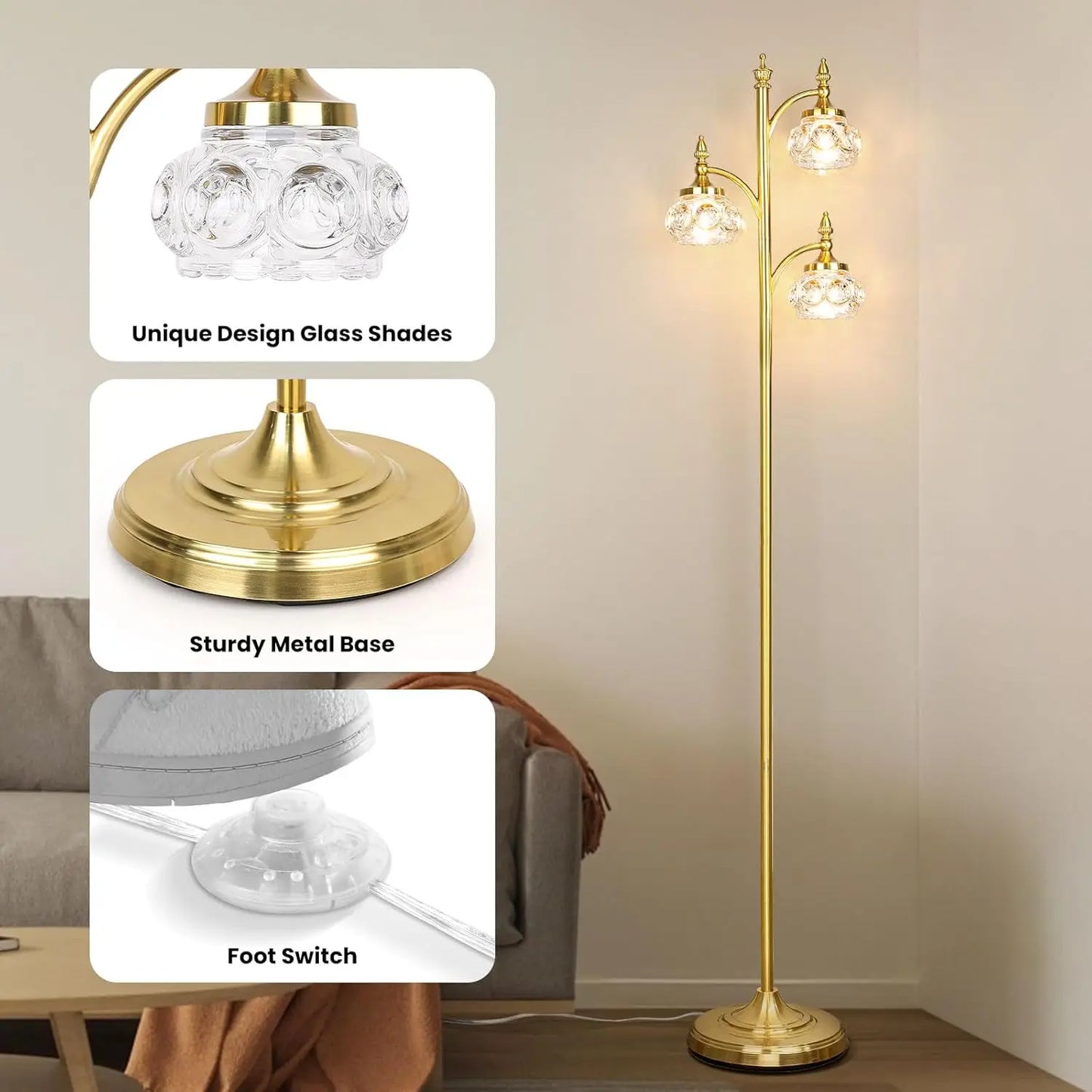 Gold Dimmable Tree Floor Lamp with a Sturdy Metal Base