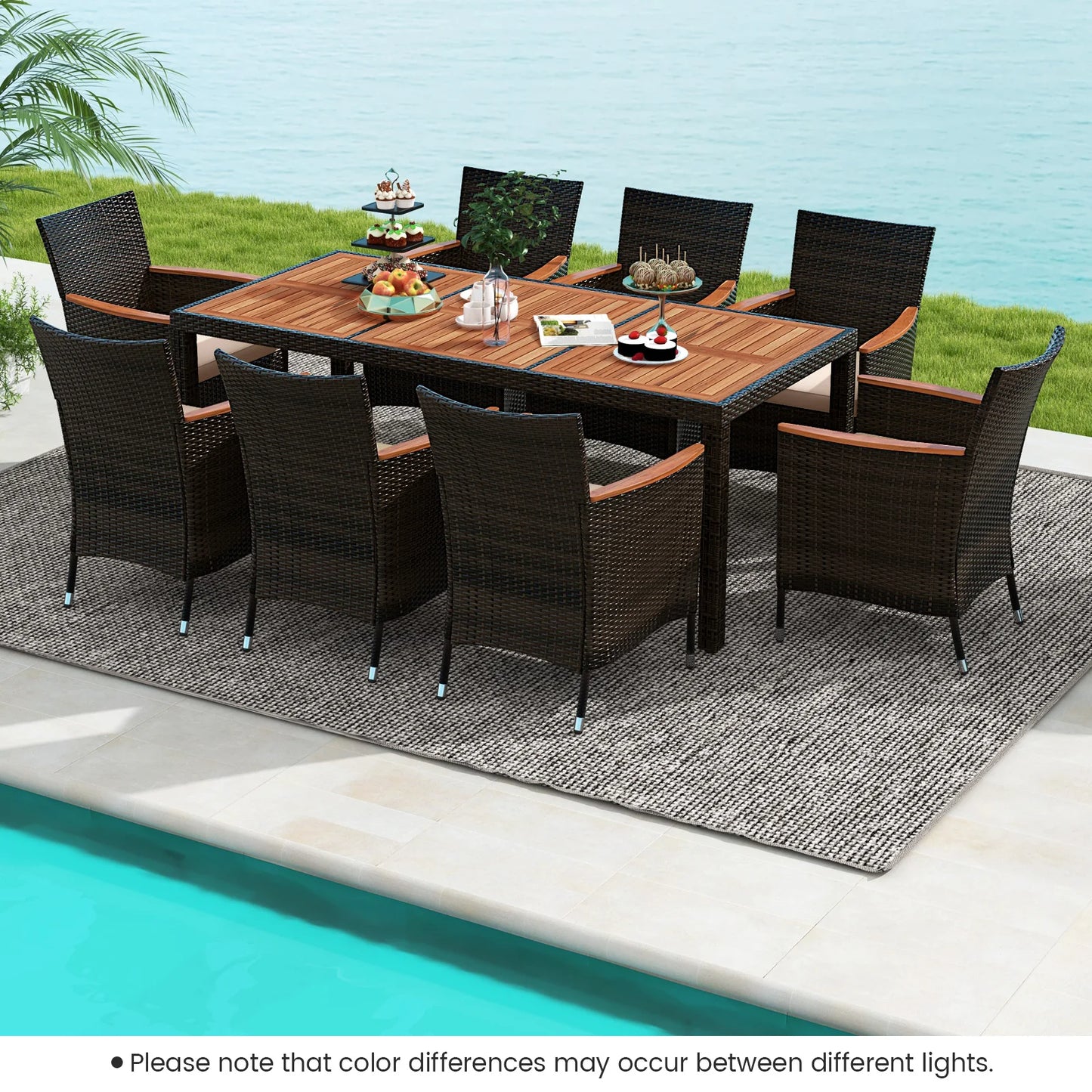 9-Piece Patio Wicker Dining Set Acacia Wood Table Top, Umbrella Hole and Cushioned Chairs