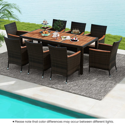 9-Piece Patio Wicker Dining Set Acacia Wood Table Top, Umbrella Hole and Cushioned Chairs