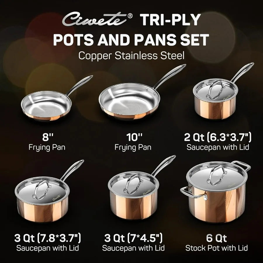 10-Piece Stainless Steel Copper Colored Outer Pots and Pans Set with Stainless Steel Lid