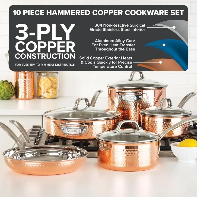10 Piece Hammered Copper Kitchen Cookware with Glass Lids