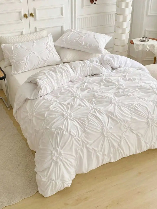 All Season White Ruched Flower Design Duvet Cover Bedding with Pillowcases