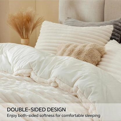 Super Soft & Warm Cream Color Fluffy Fleece Comforter Bedding Set with Pillow Cases