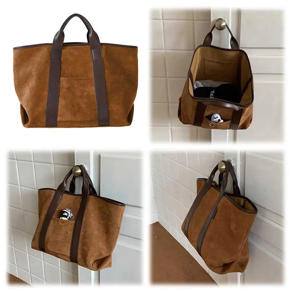 Solid Color Trendy Retro Handbag with Suede Top Handle for Errands, Travel or Everyday Use Tote Bag