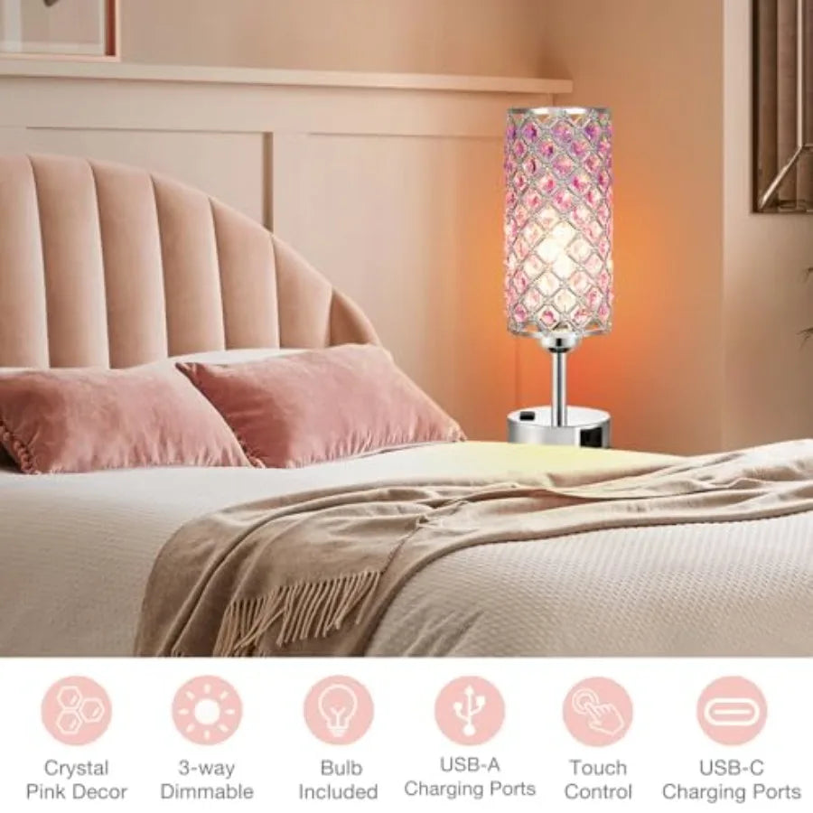 Crystal Lamps Set of 2, Dimmable Touch Lamp with Crystal Shade