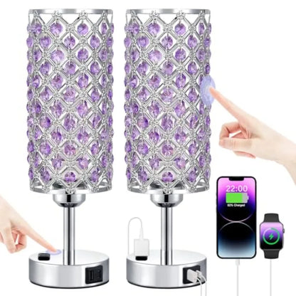 Crystal Lamps Set of 2, Dimmable Touch Lamp with Crystal Shade