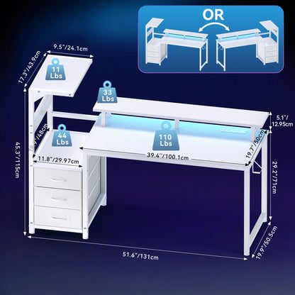 Gaming/Computer Desk with 3 Drawers LED Lights & Power Outlets