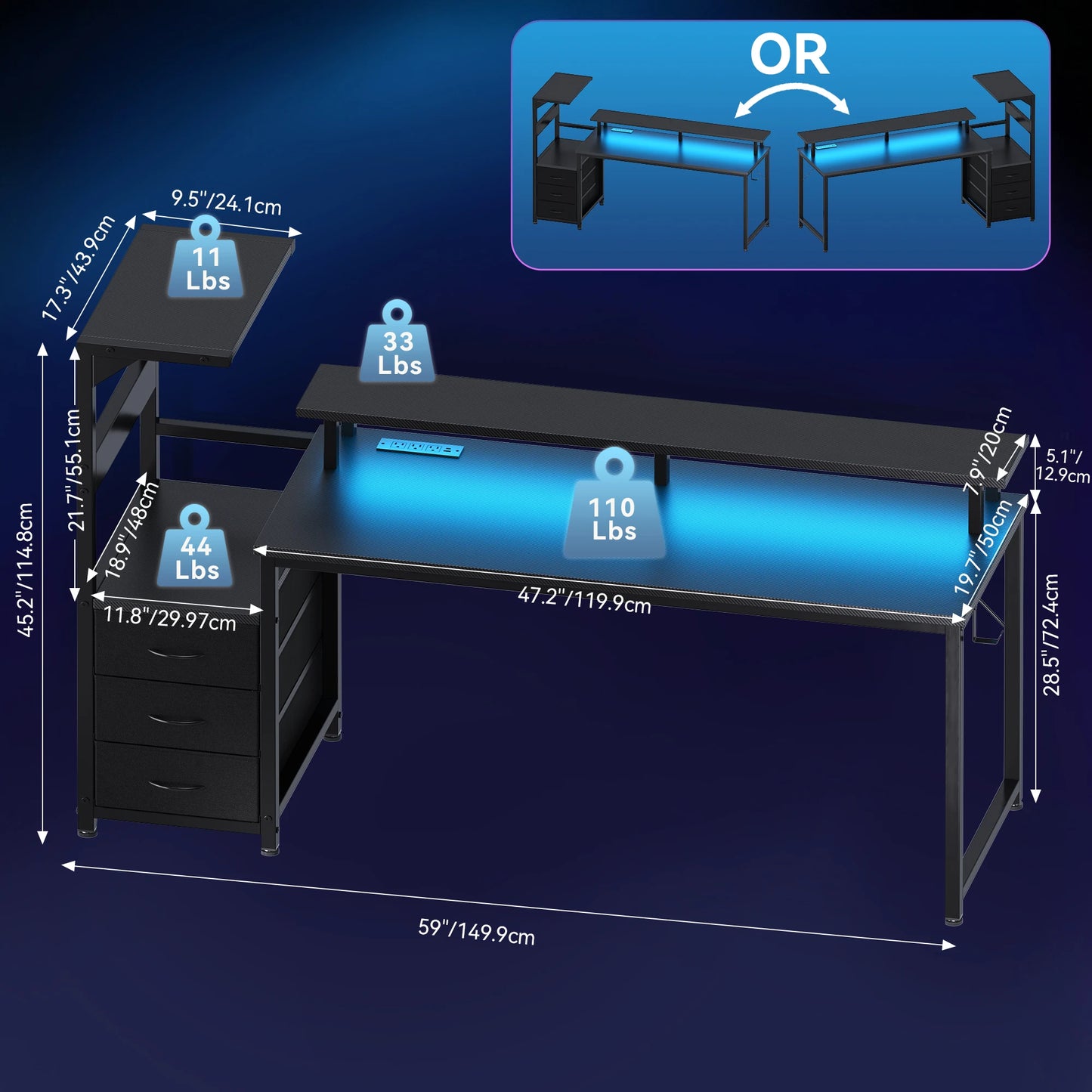 Gaming/Computer Desk with 3 Drawers LED Lights & Power Outlets