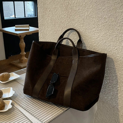 Solid Color Trendy Retro Handbag with Suede Top Handle for Errands, Travel or Everyday Use Tote Bag