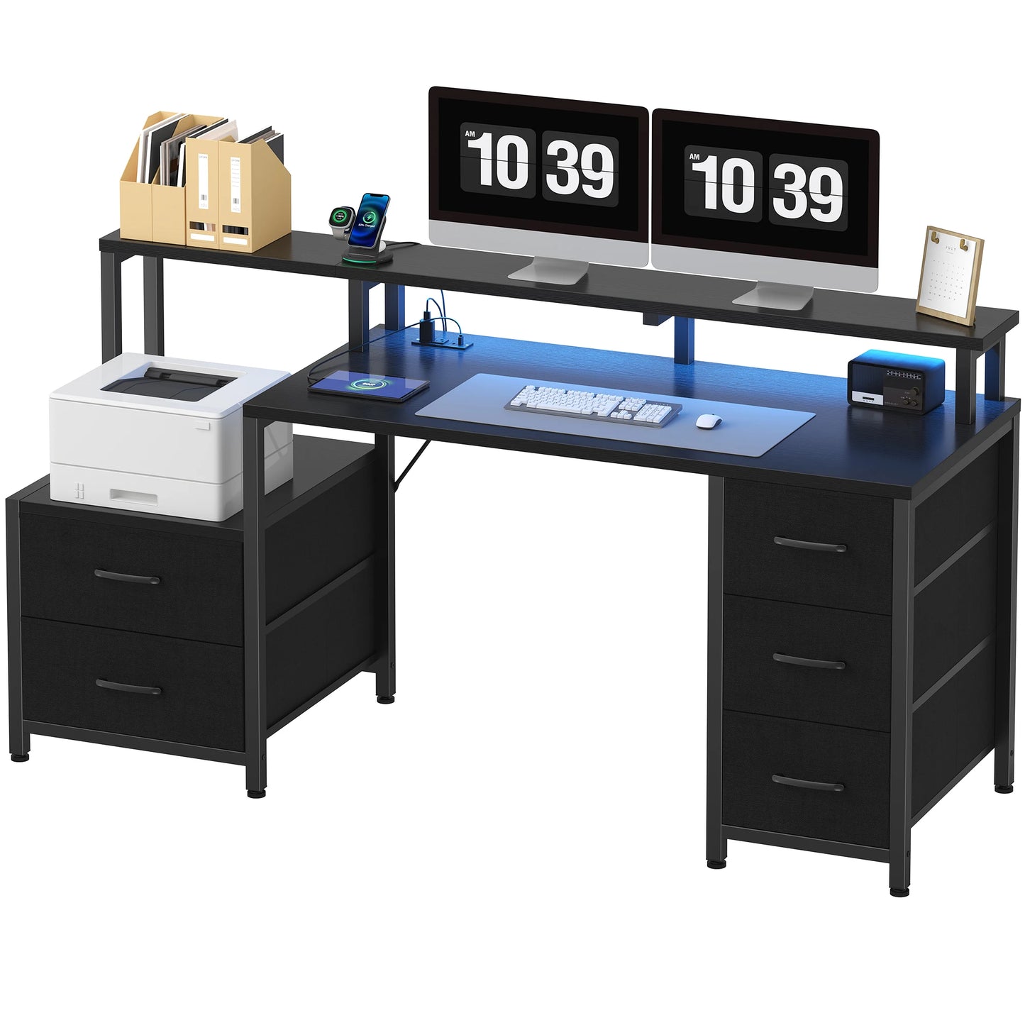 67In Office or Bedroom Desk with 5 Storage Drawers and LED Light Power Outlets