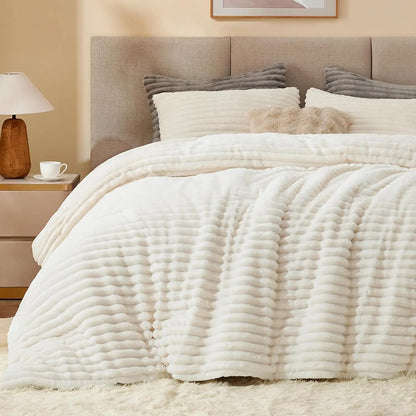 Super Soft & Warm Cream Color Fluffy Fleece Comforter Bedding Set with Pillow Cases