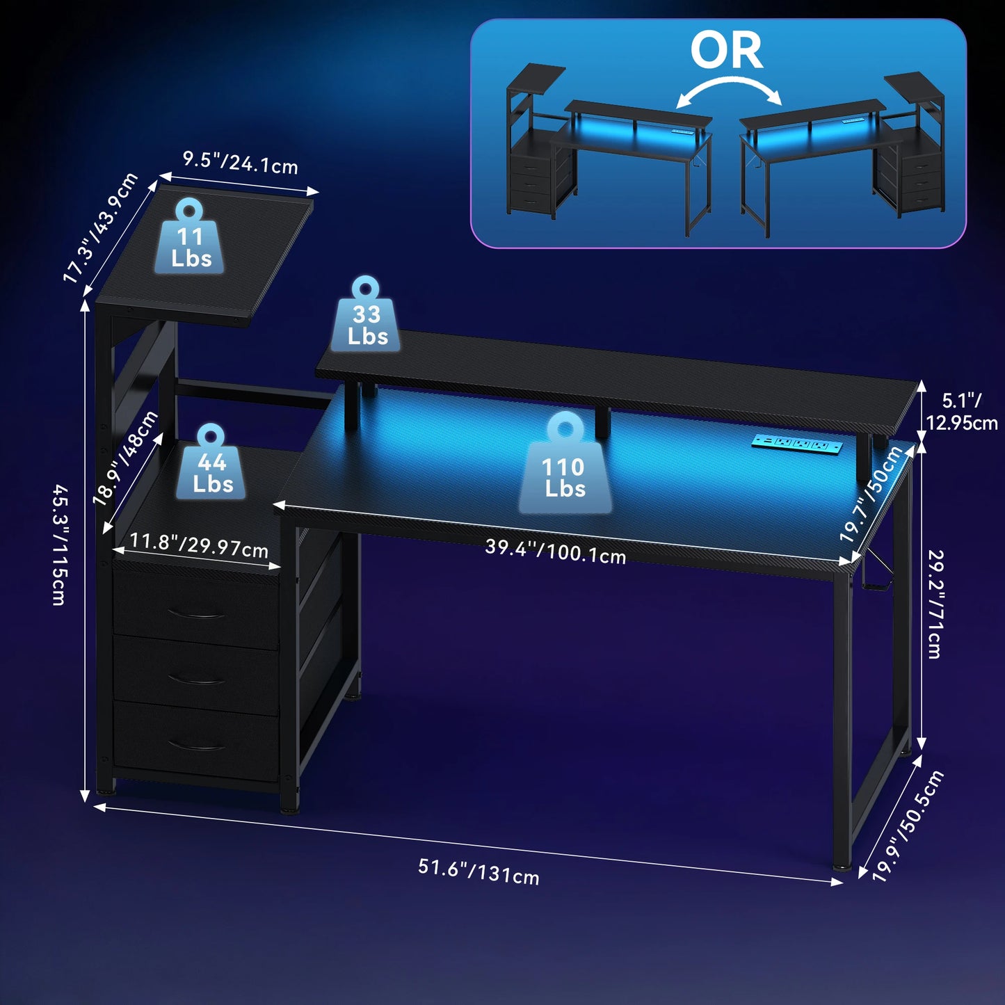 Gaming/Computer Desk with 3 Drawers LED Lights & Power Outlets