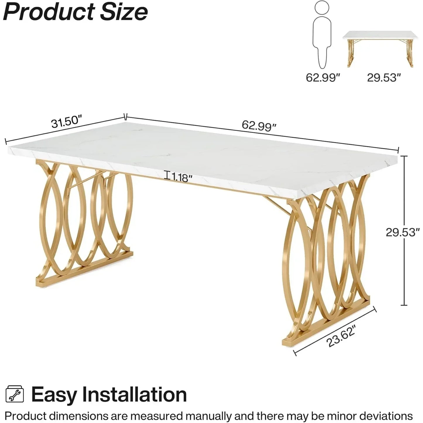 63" Unique Rectangular Shape Modern Dining Room Table, for 4-6 People
