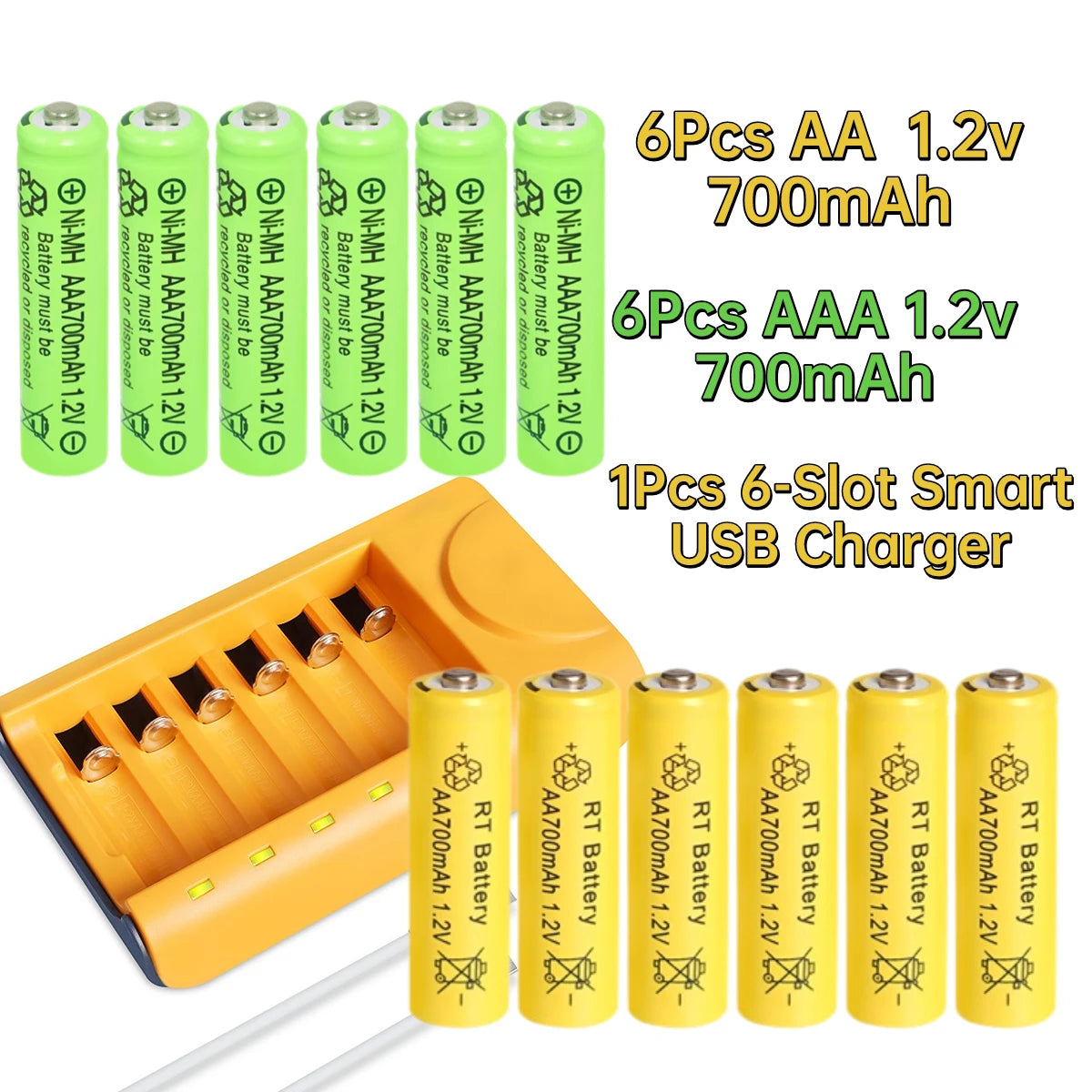 6 to 30 AA & AAA Rechargeable Battery Set with Charger & Cable