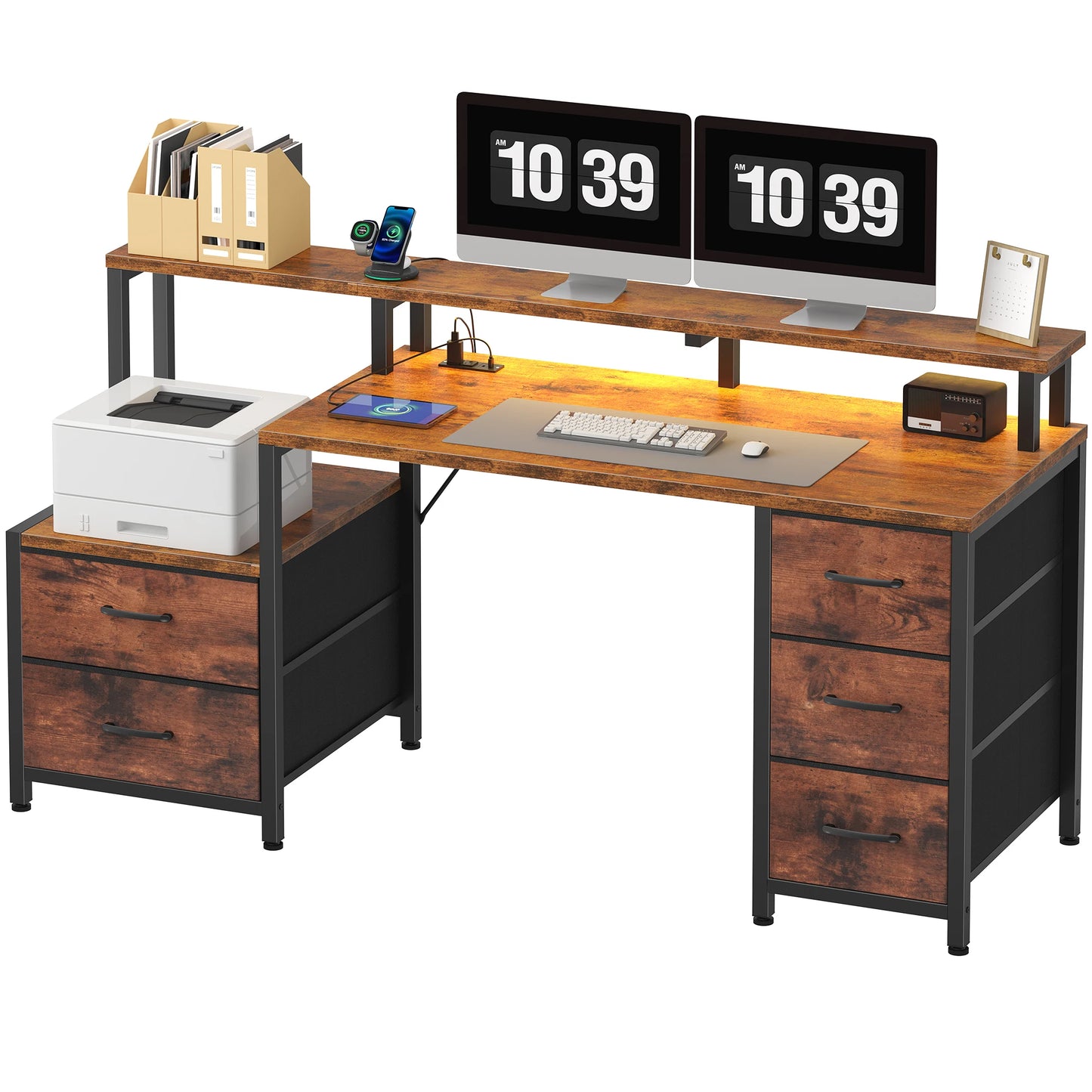 67In Office or Bedroom Desk with 5 Storage Drawers and LED Light Power Outlets