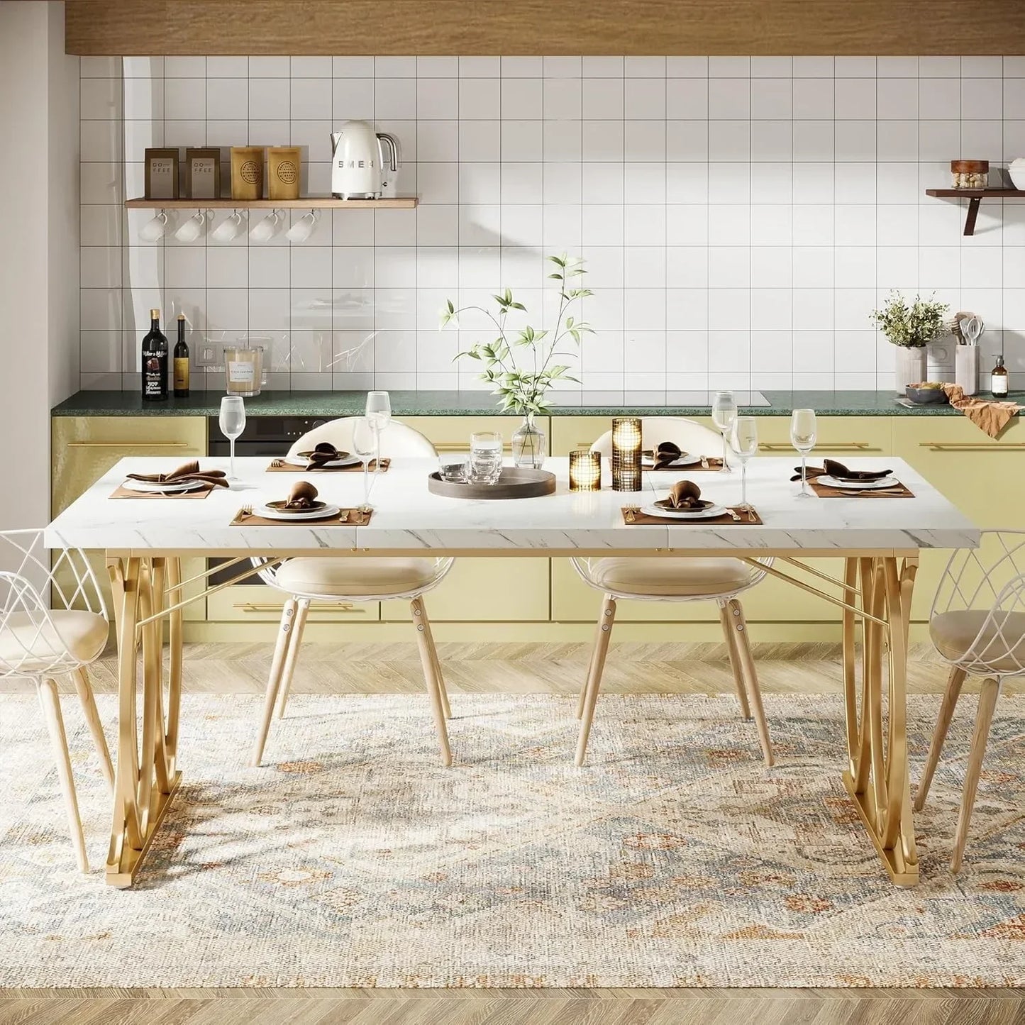 63" Unique Rectangular Shape Modern Dining Room Table, for 4-6 People