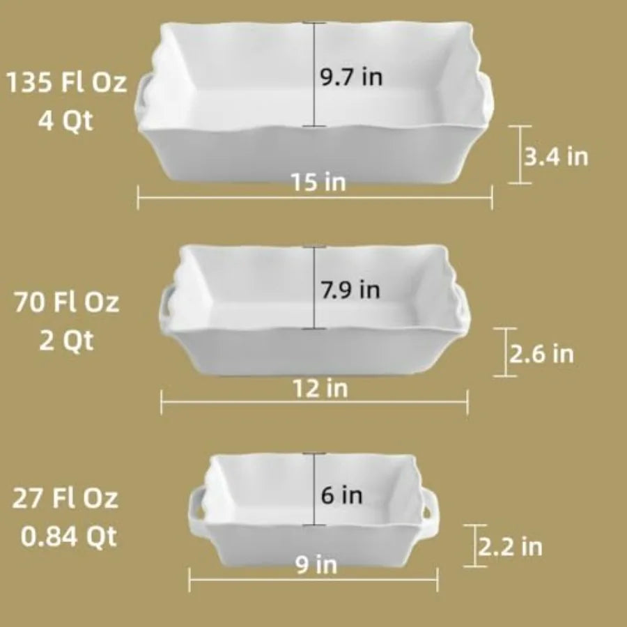Set of 3 Rectangular Ceramic Casserole Dishes with Handles