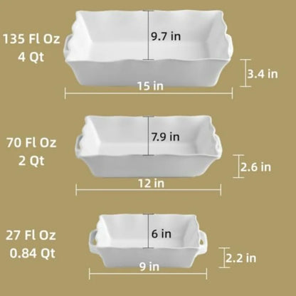 Set of 3 Rectangular Ceramic Casserole Dishes with Handles
