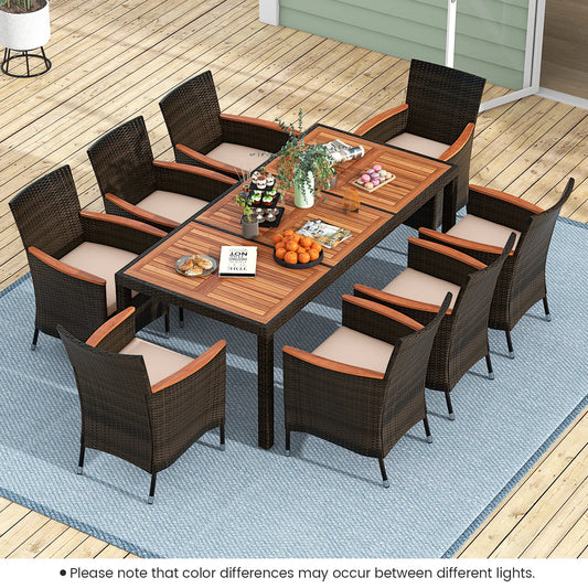 9-Piece Patio Wicker Dining Set Acacia Wood Table Top, Umbrella Hole and Cushioned Chairs