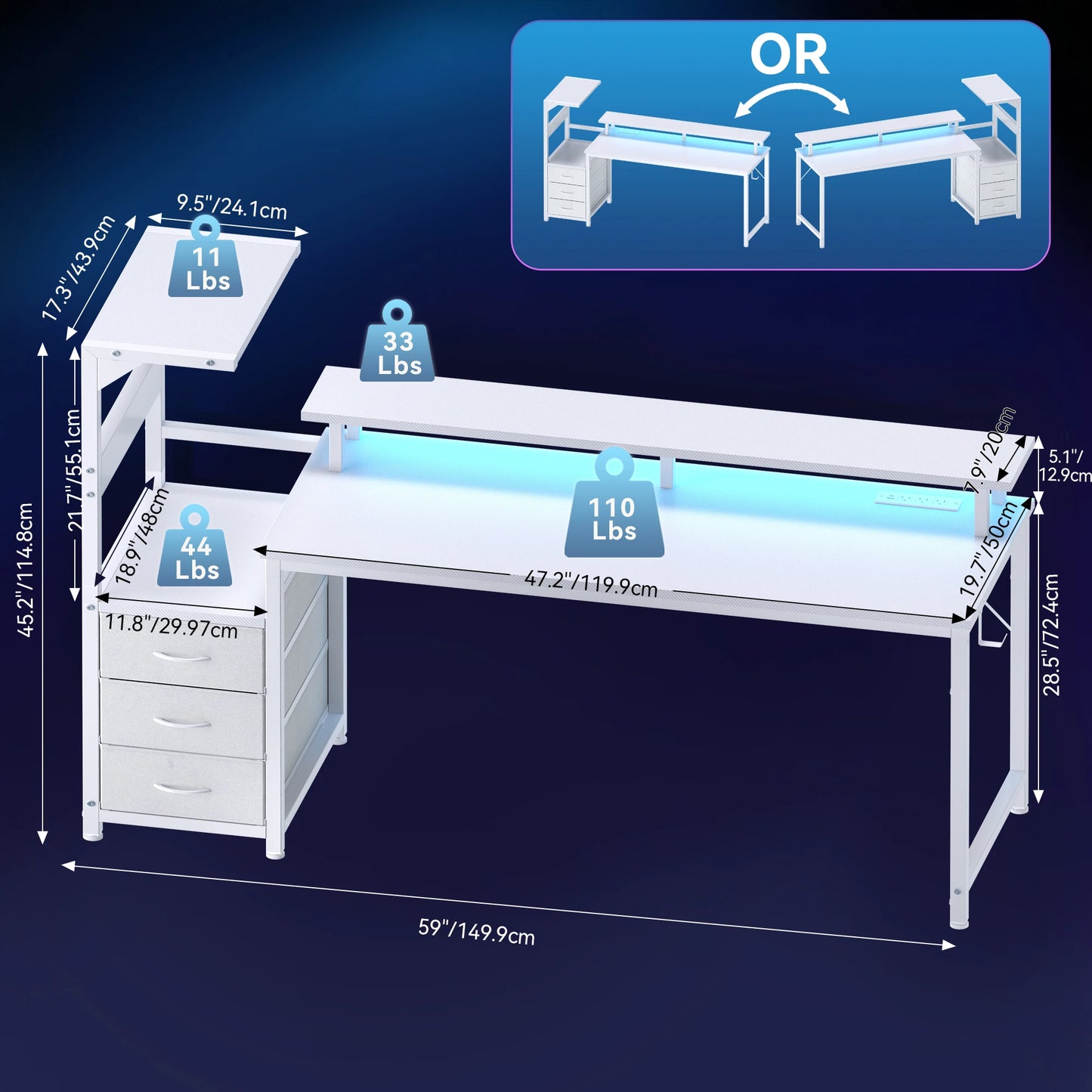 Gaming/Computer Desk with 3 Drawers LED Lights & Power Outlets