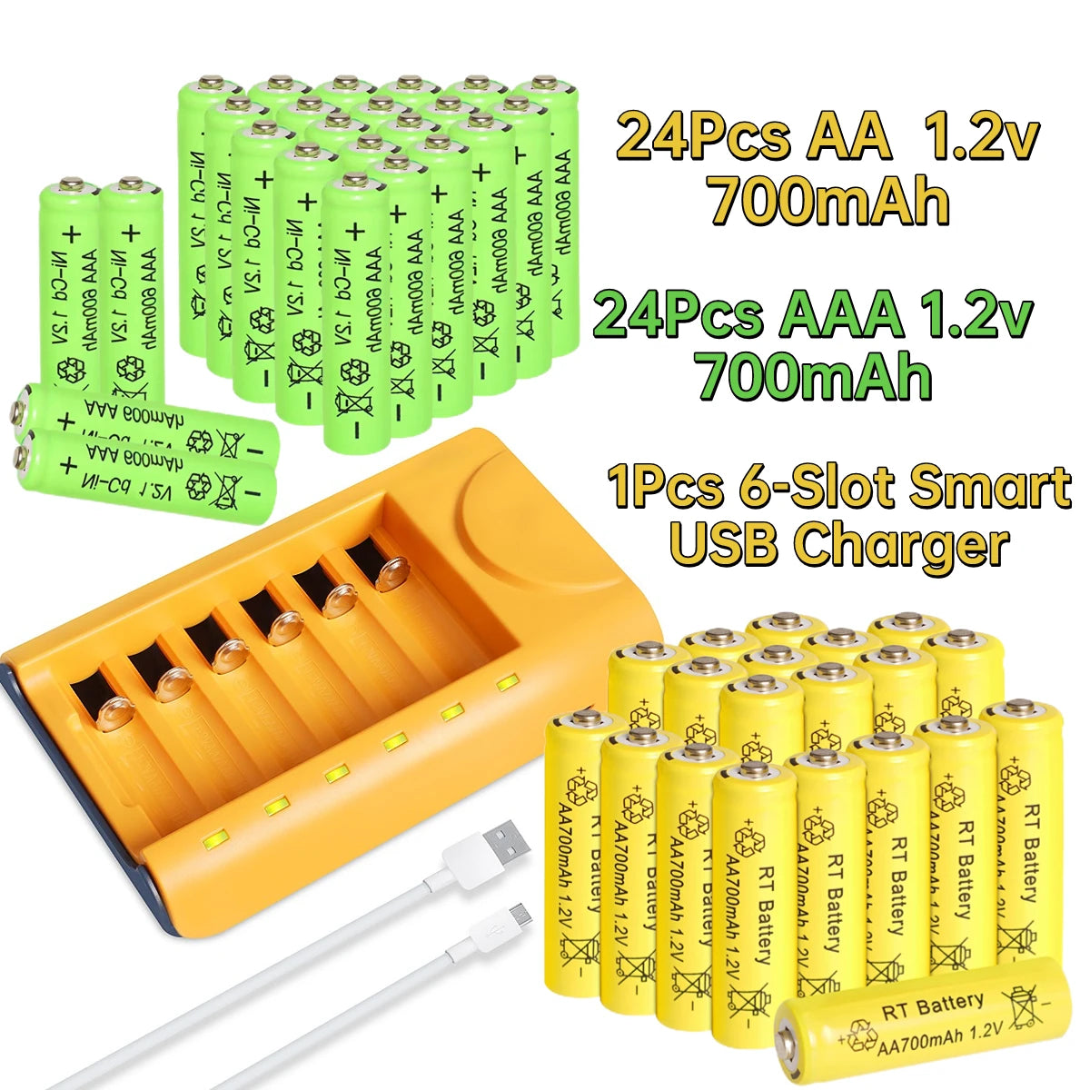 6 to 30 AA & AAA Rechargeable Battery Set with Charger & Cable